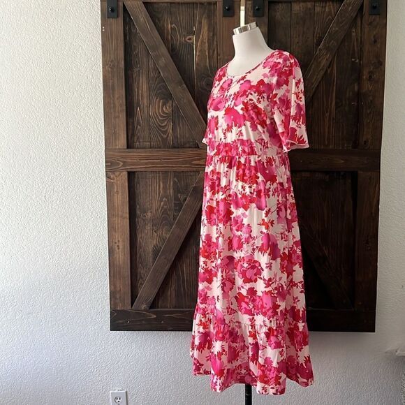 NWT Floral Midi Summer Tiered Dress with Ruffle Sleeves and Pockets - Picture 7 of 15